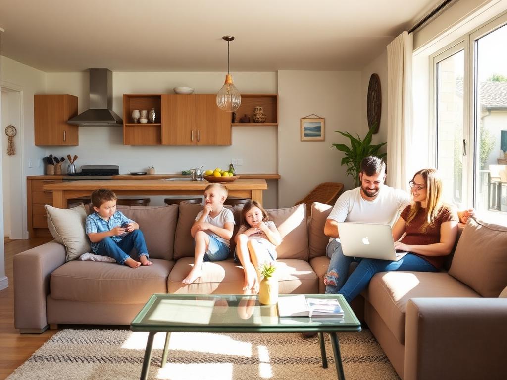 A family relaxing in the living room of their home